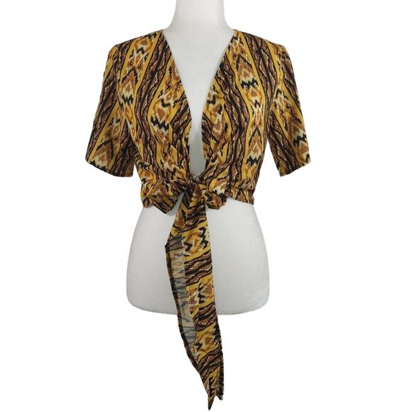 W Southwest Aztec Western Yellow Brown Front Tie CropTop Shirt NWT XS Wrap VNeck - Picture 1 of 8